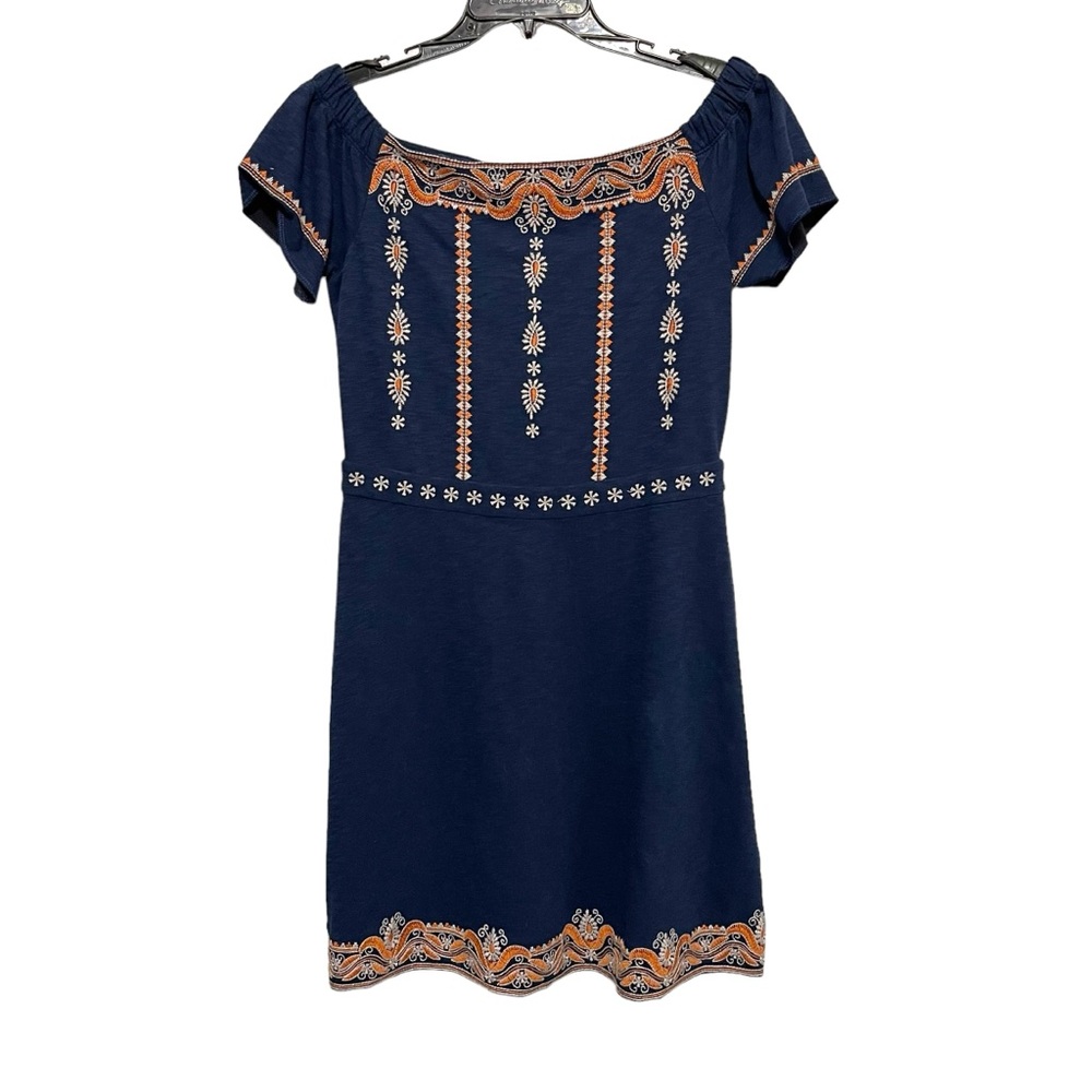 Tory Burch Navy and Orange Embroidered Mini Dress